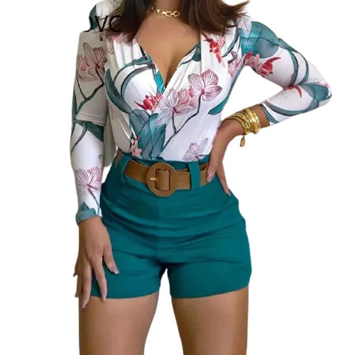2Pcs Women Summer Long Sleeve Floral Top Design And Shorts Set