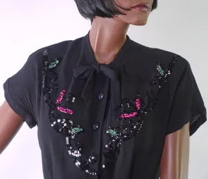 40s Vintage Black Crepe Blouse Colorful Beaded Bow Neck Women's M/L VFG