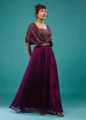 Burgundy Purple Hand-Embroidered Palazzo Crop-Top Set In Chinon