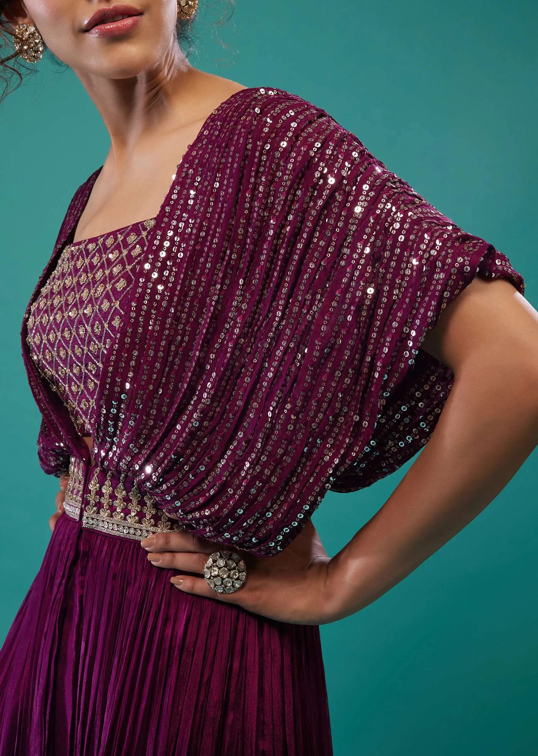 Burgundy Purple Hand-Embroidered Palazzo Crop-Top Set In Chinon