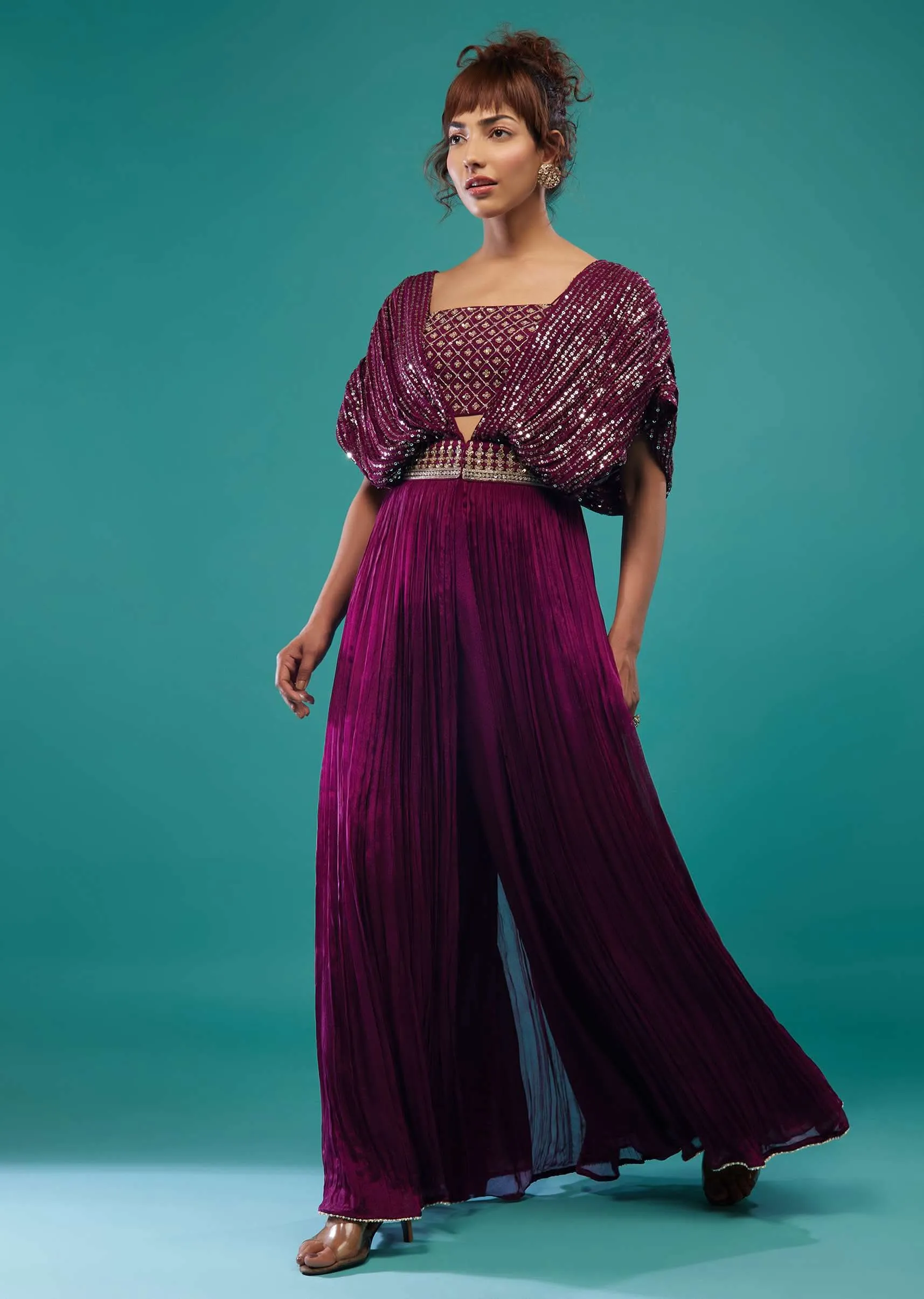 Burgundy Purple Hand-Embroidered Palazzo Crop-Top Set In Chinon