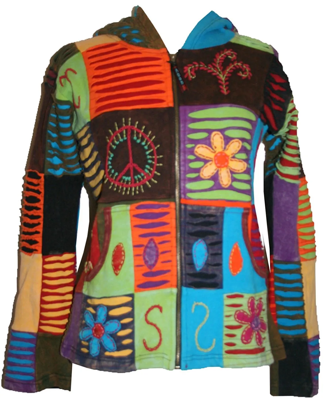 Colorful Peace Sun Star Patch Bohemian Hoodie Jacket