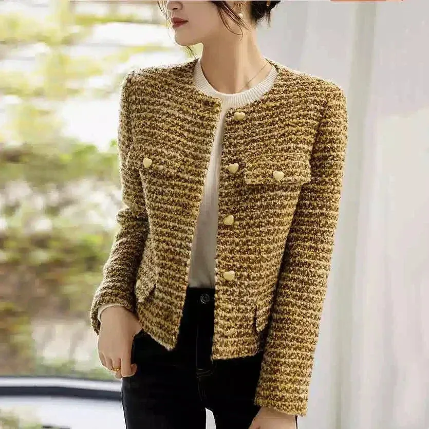 Elegant Retro Women's Gold Short Woolen Coat Autumn Winter Korean Fashion Tweed Coat Perfect Female OL Outwear Wool Jacket