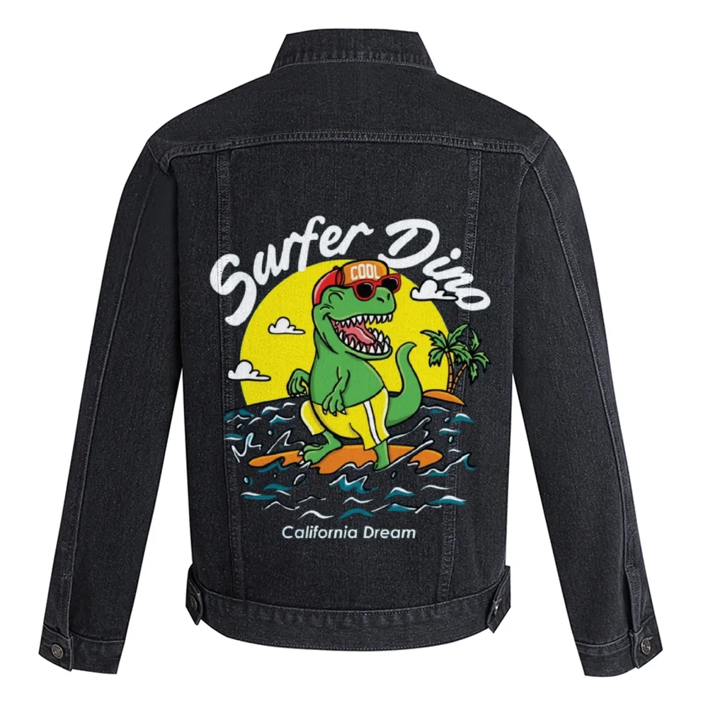 Mens Vintage Cartoon Prints Surfer Duno California Dream Denim Jacket