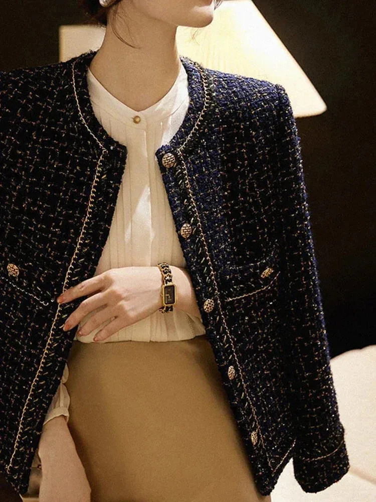 Metaversmall Korean Fashion Women's Long Sleeves Pockets Outwear Elegant O-Neck Cropped Jacket All-Match Tweed Coat for Spring and Autumn