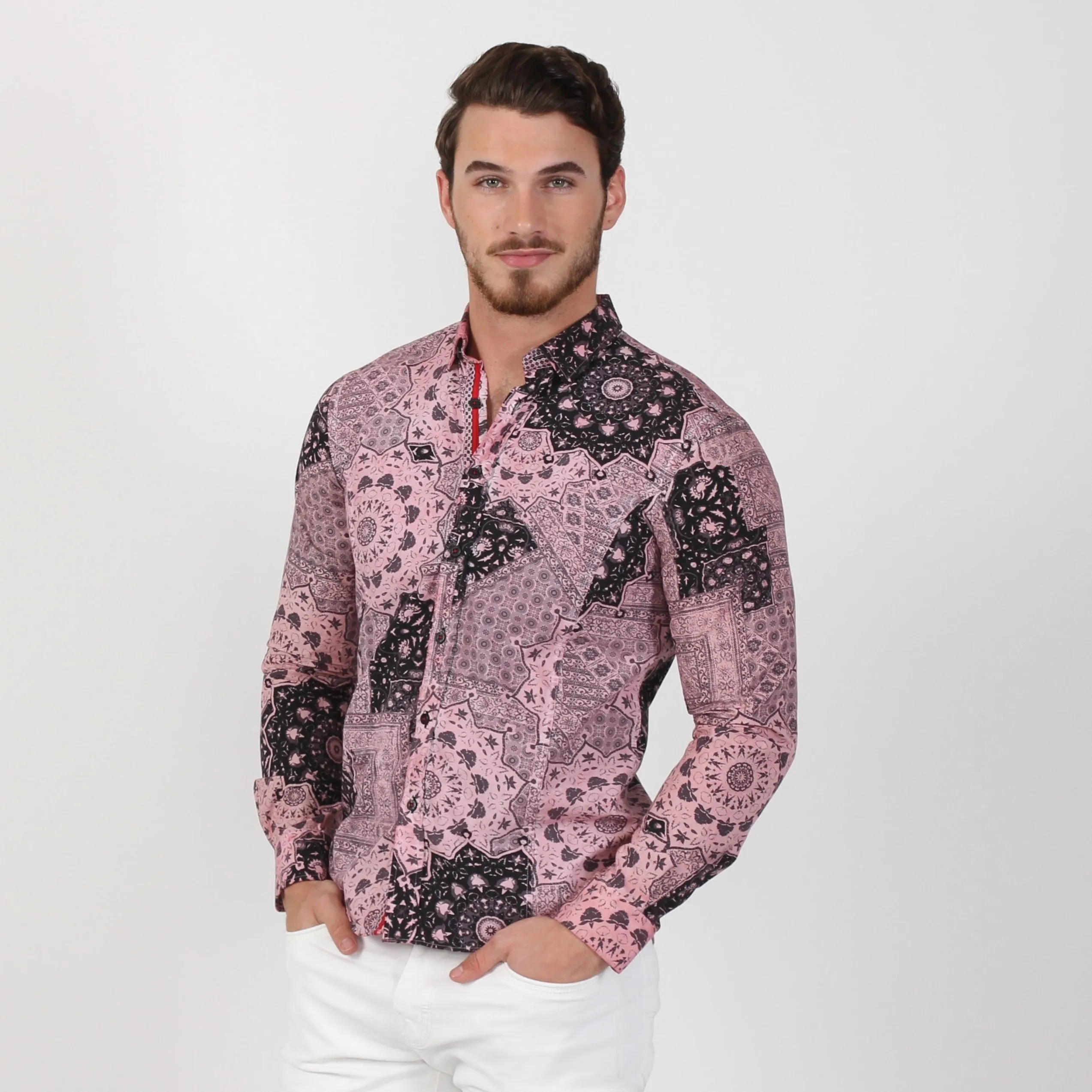 Pink Button Down Wheel Shirt W/ Red Trim