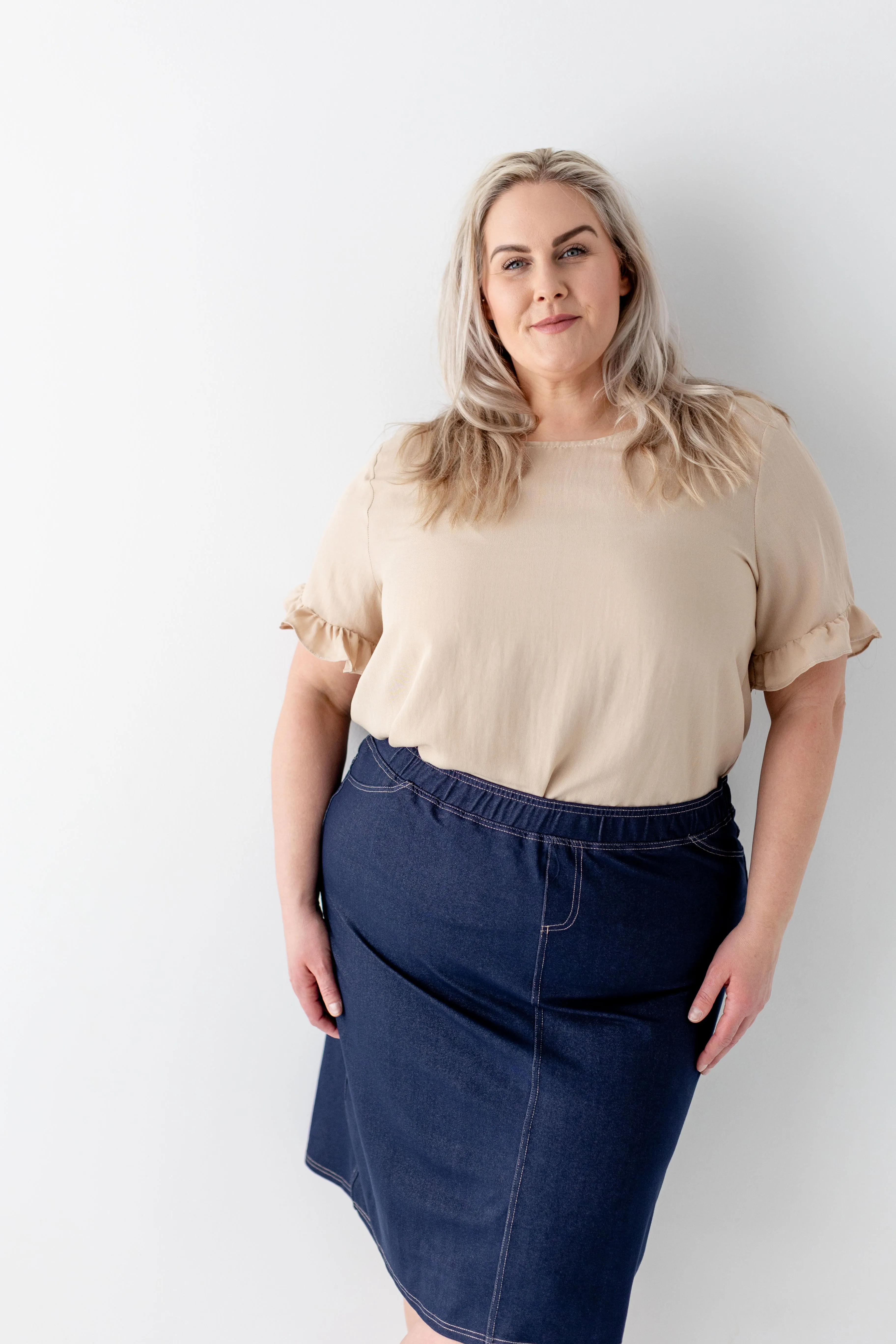 Plus 'Ida' Ruffle Sleeve Button Back Top in Tan FINAL SALE