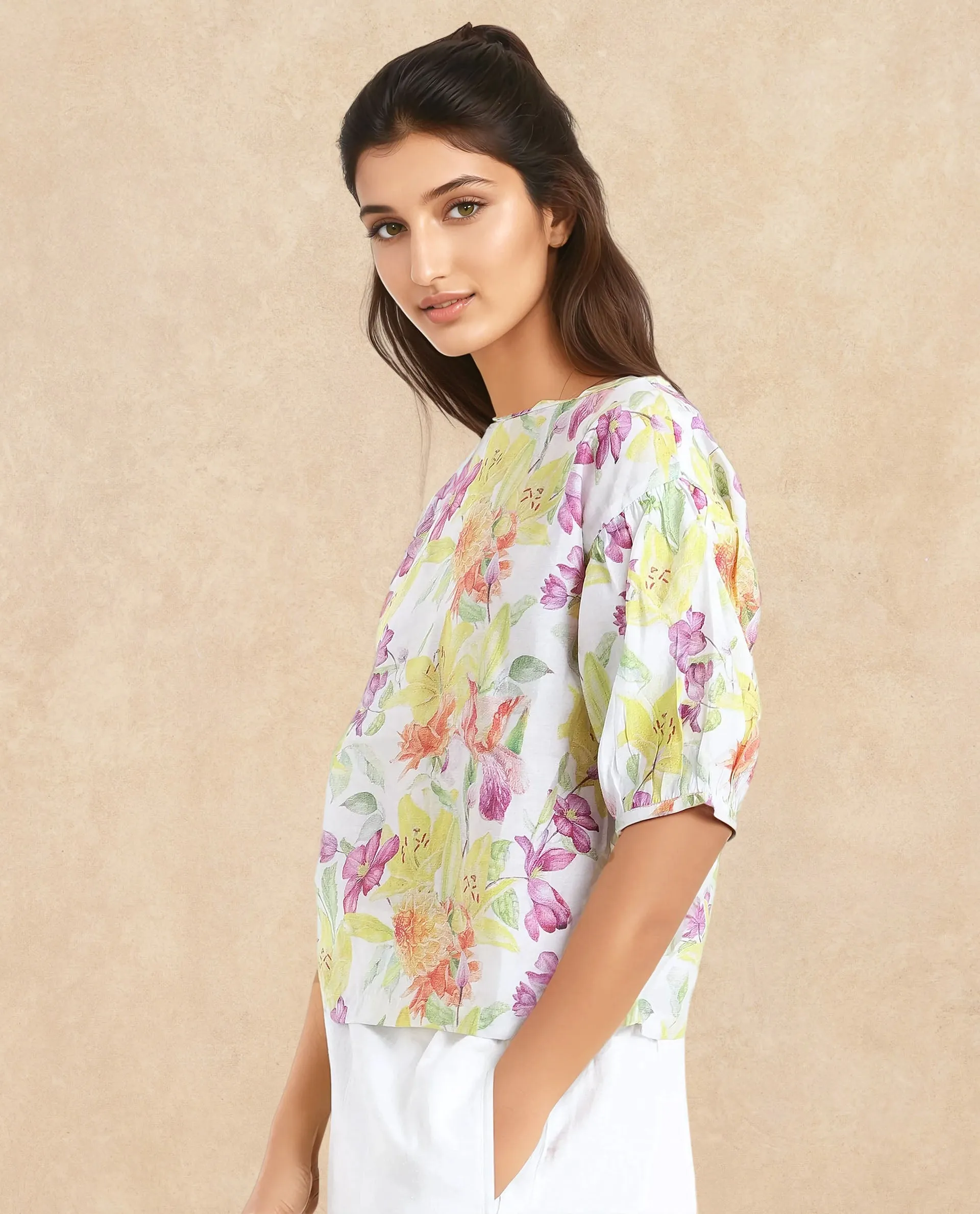 Rareism Women Naldu Multi Bishop Sleeve Crew Neck Floral Print Top