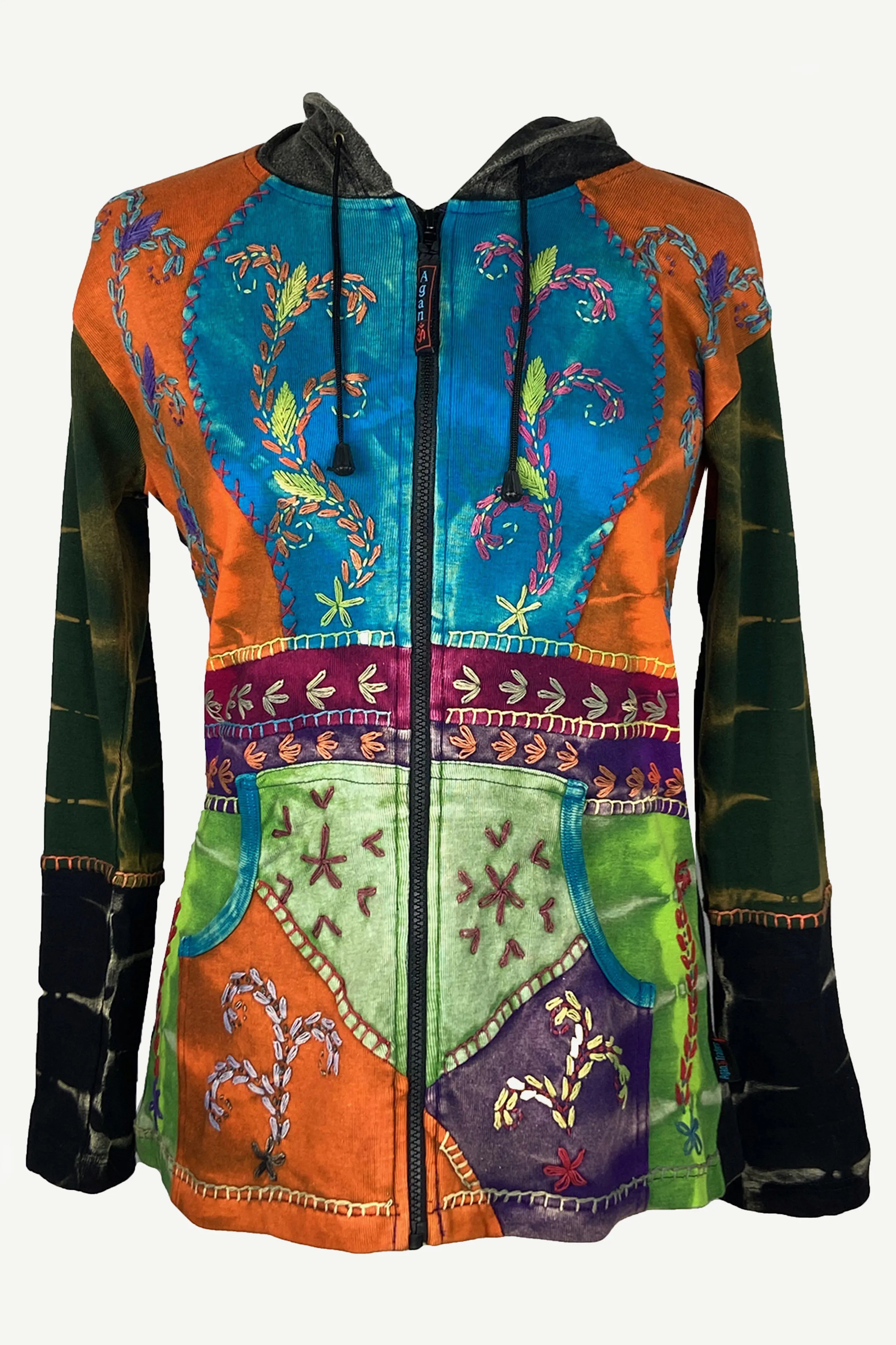 RJ 318 Tie Dye Patchwork Embroidered Hoodie Sweatshirt Jacket