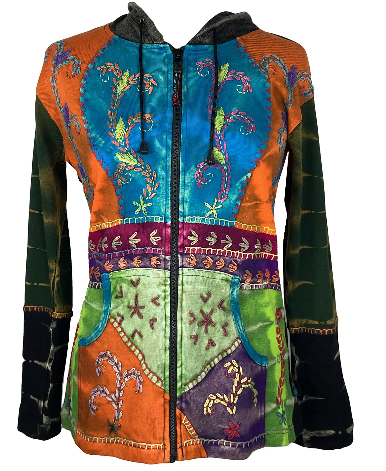 RJ 318 Tie Dye Patchwork Embroidered Hoodie Sweatshirt Jacket