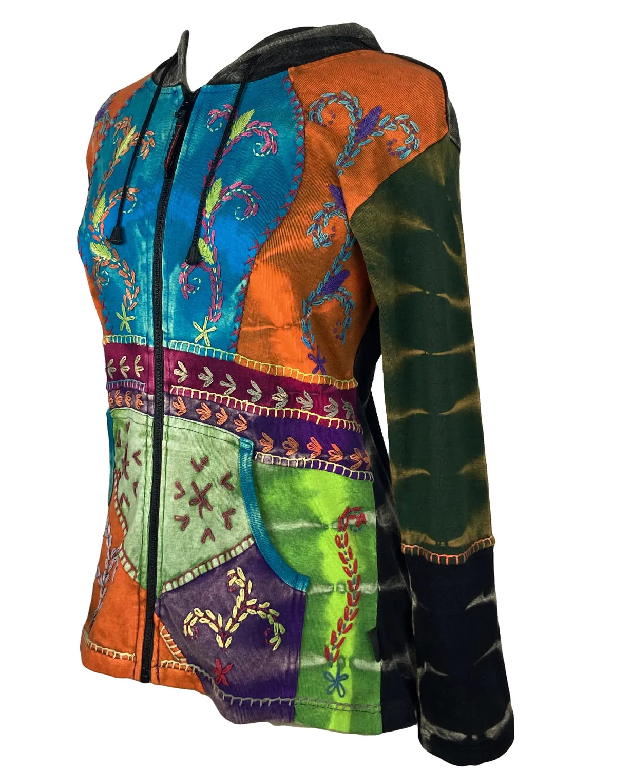 RJ 318 Tie Dye Patchwork Embroidered Hoodie Sweatshirt Jacket