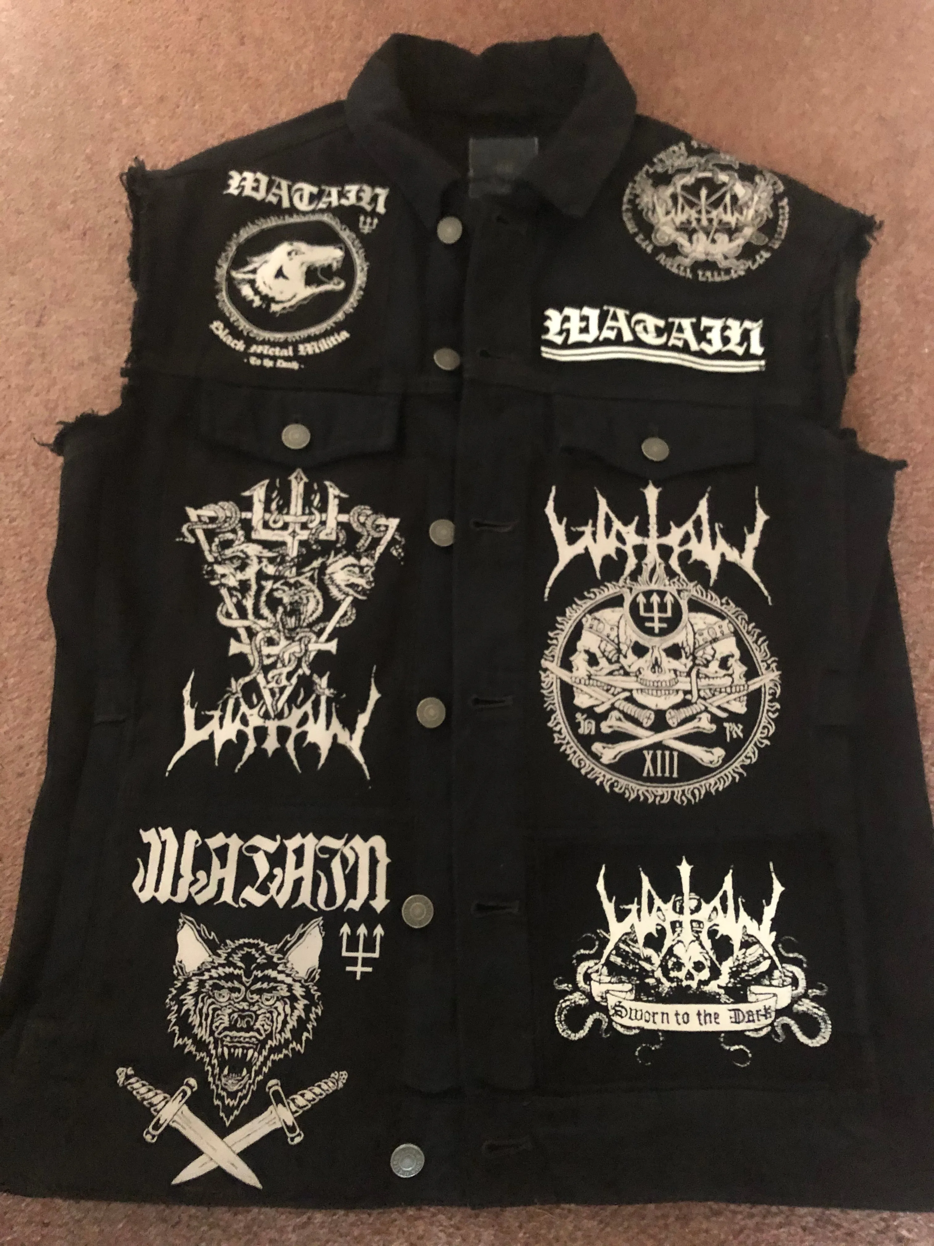 Watain Filth-Splattered Battle Jacket Distressed Black Metal Rocker Patch Denim Cut-Off