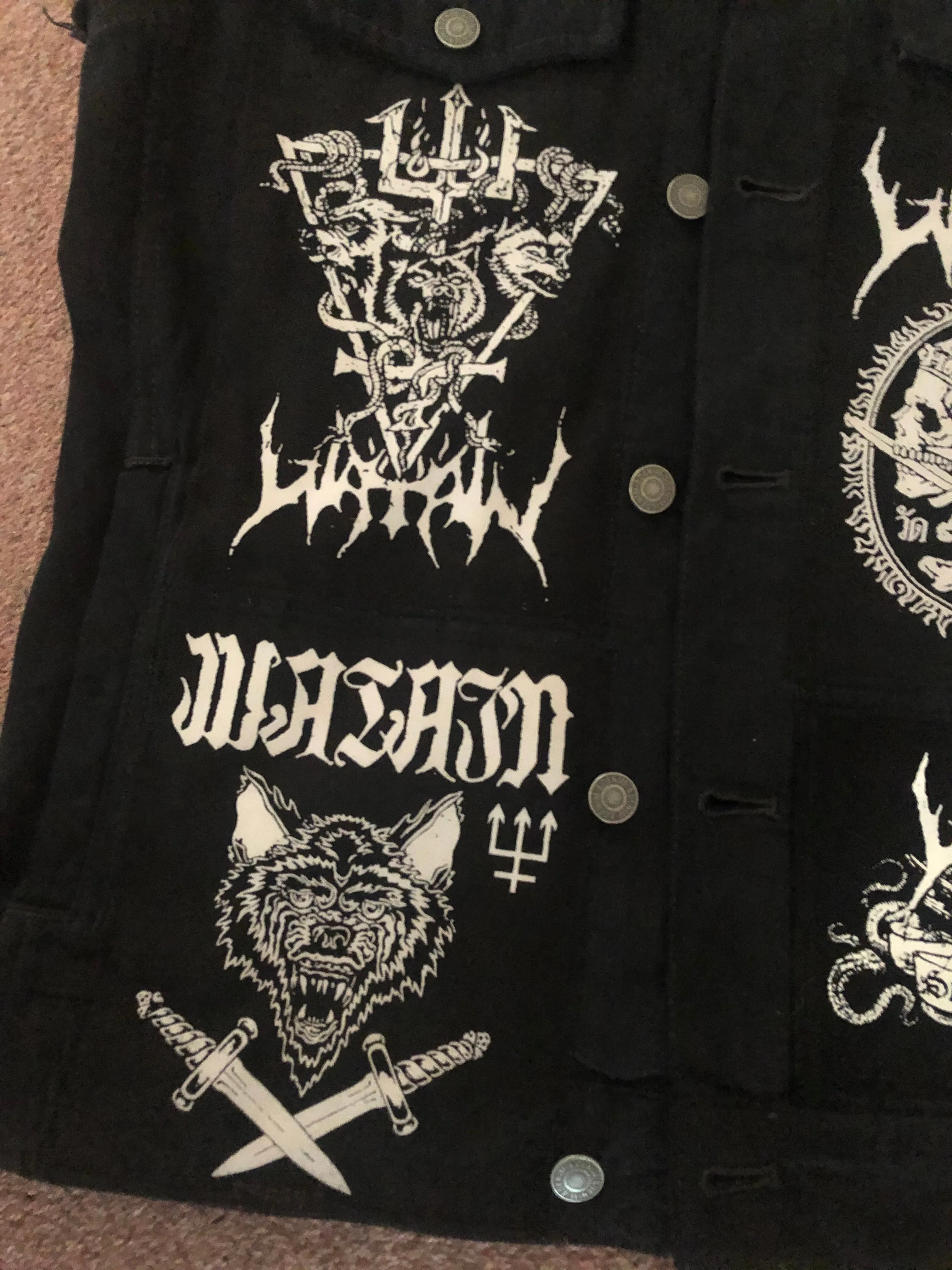 Watain Filth-Splattered Battle Jacket Distressed Black Metal Rocker Patch Denim Cut-Off