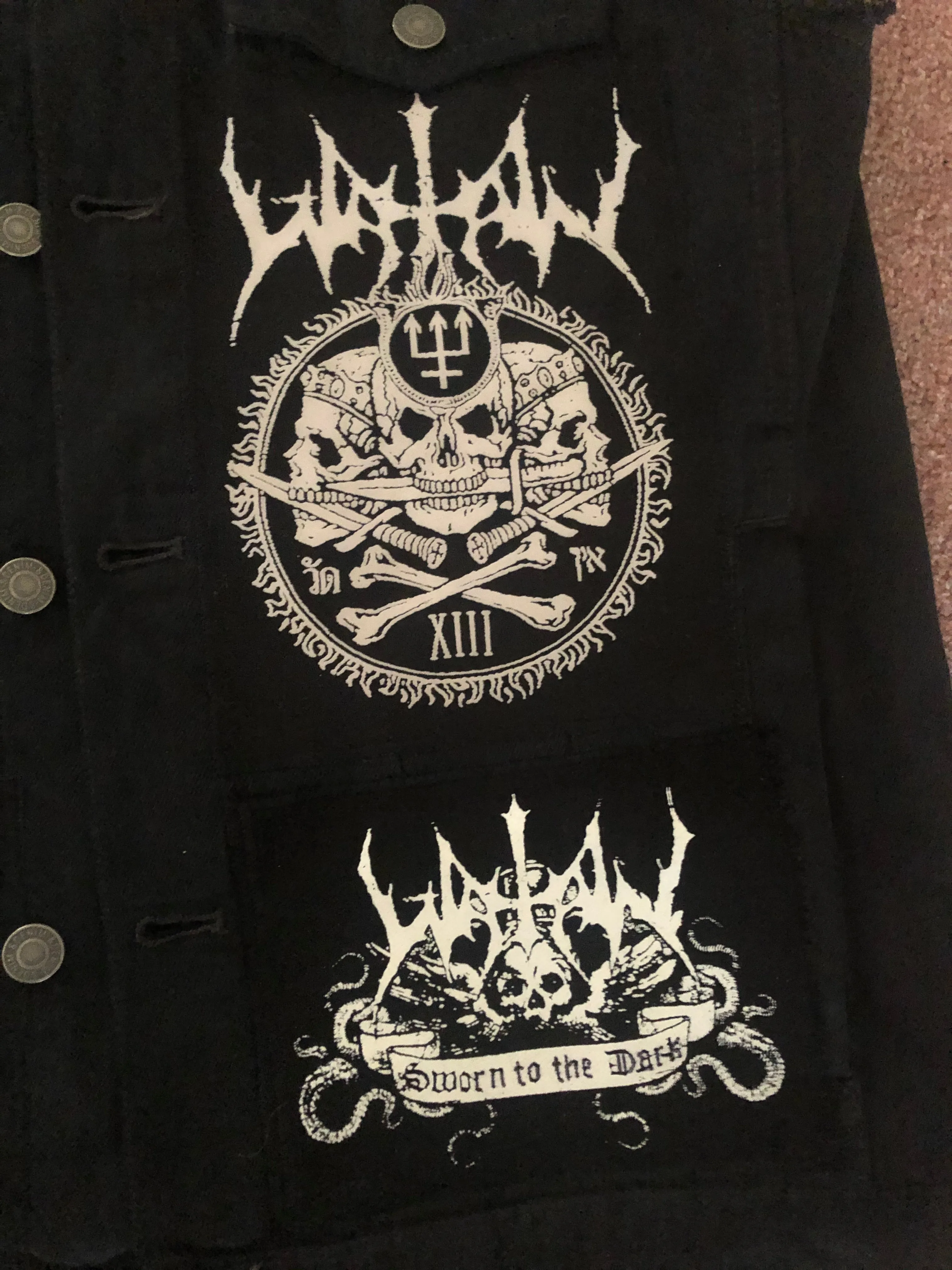 Watain Filth-Splattered Battle Jacket Distressed Black Metal Rocker Patch Denim Cut-Off