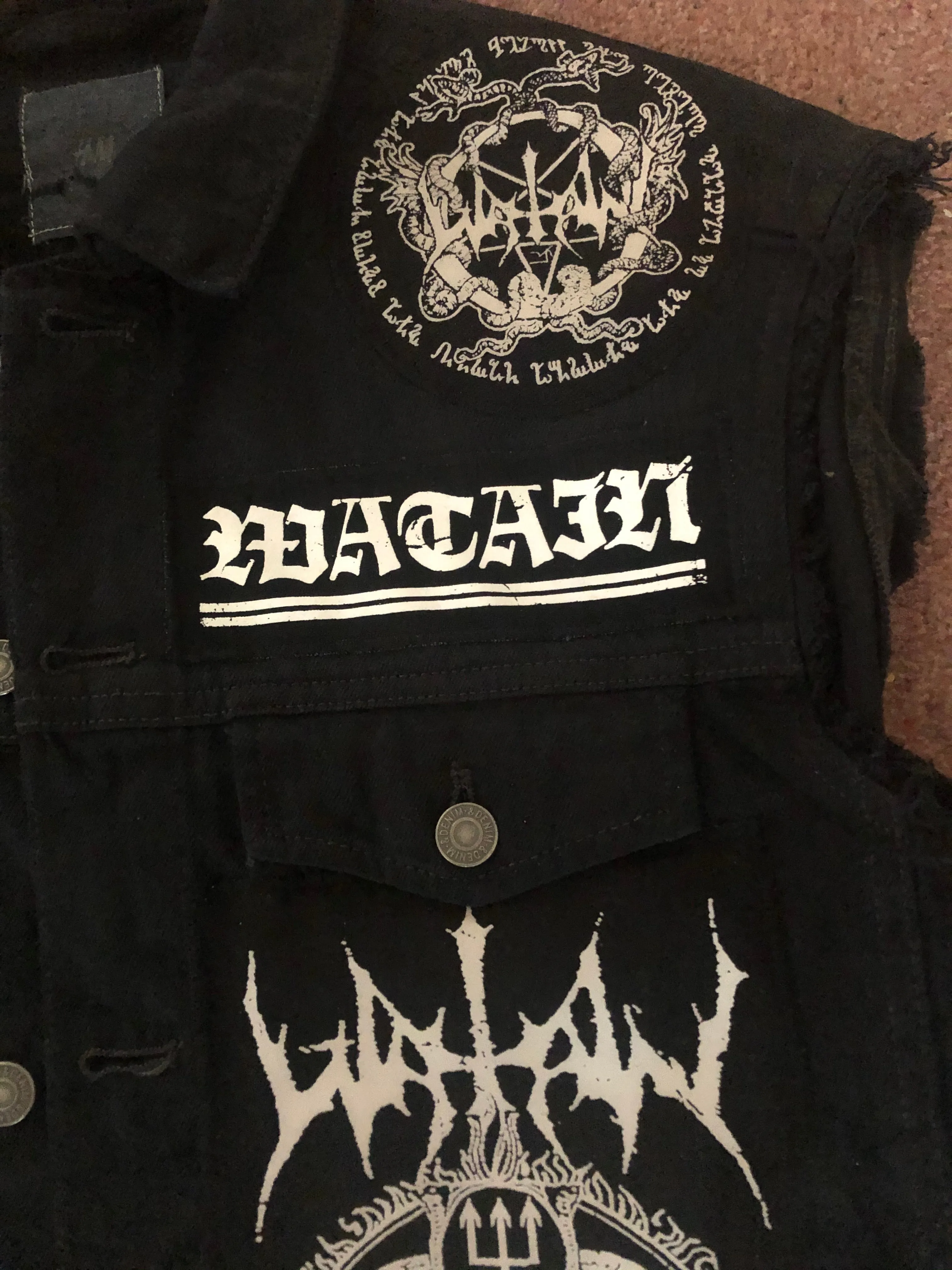 Watain Filth-Splattered Battle Jacket Distressed Black Metal Rocker Patch Denim Cut-Off