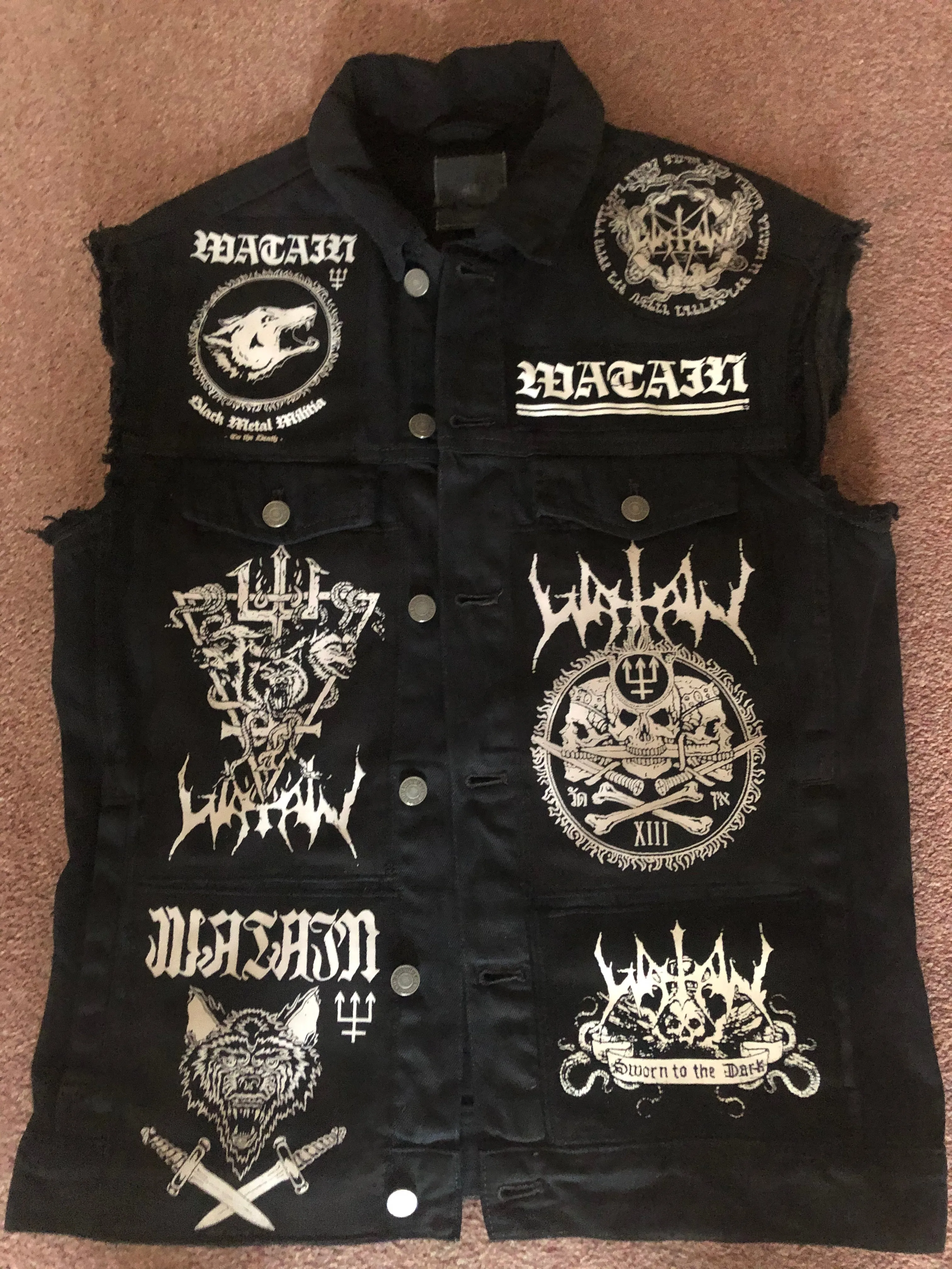 Watain Filth-Splattered Battle Jacket Distressed Black Metal Rocker Patch Denim Cut-Off