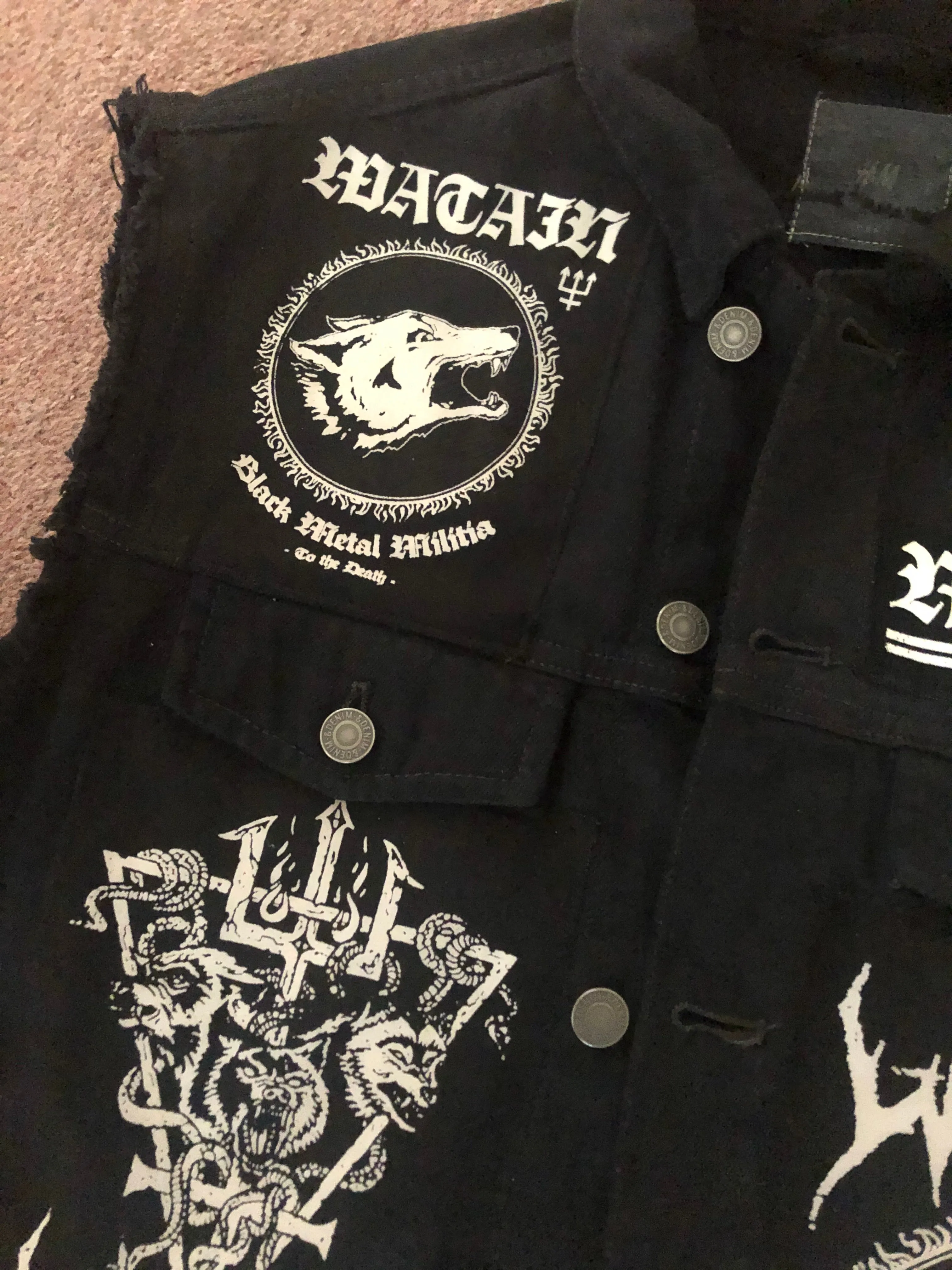 Watain Filth-Splattered Battle Jacket Distressed Black Metal Rocker Patch Denim Cut-Off