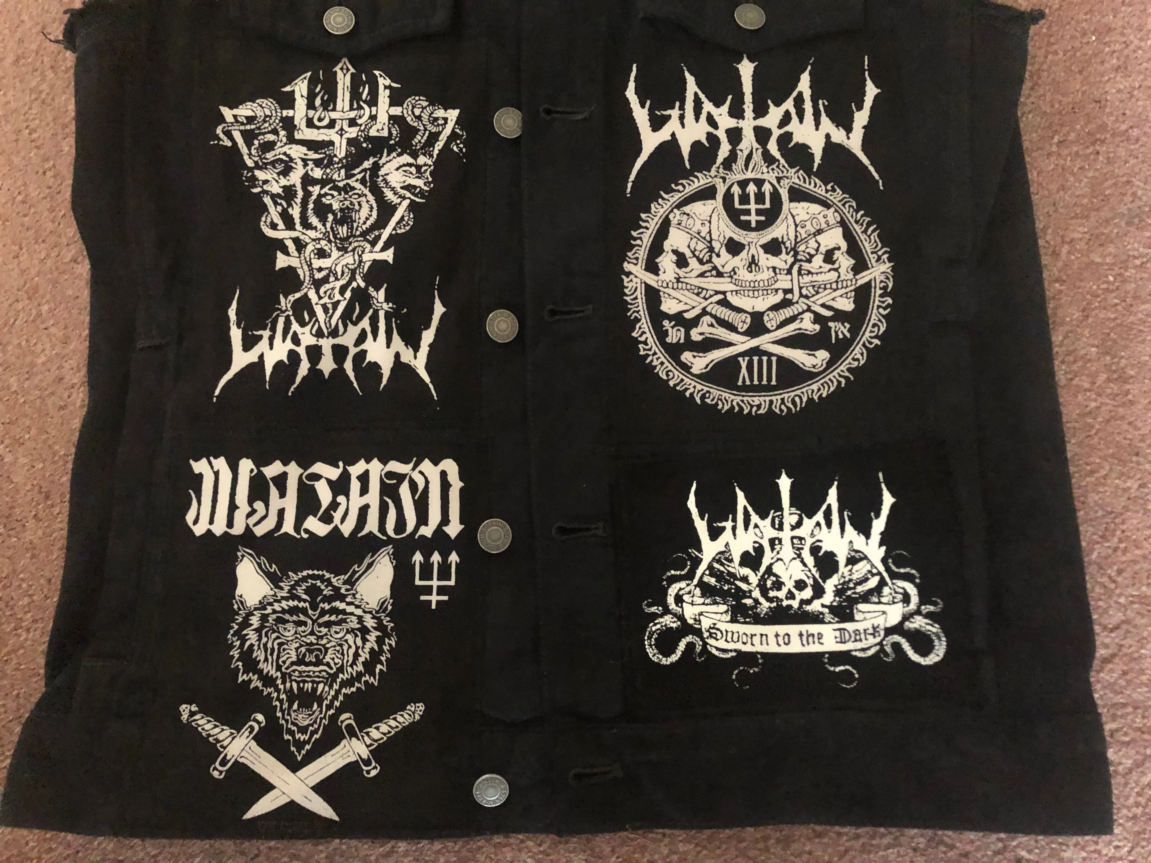 Watain Filth-Splattered Battle Jacket Distressed Black Metal Rocker Patch Denim Cut-Off
