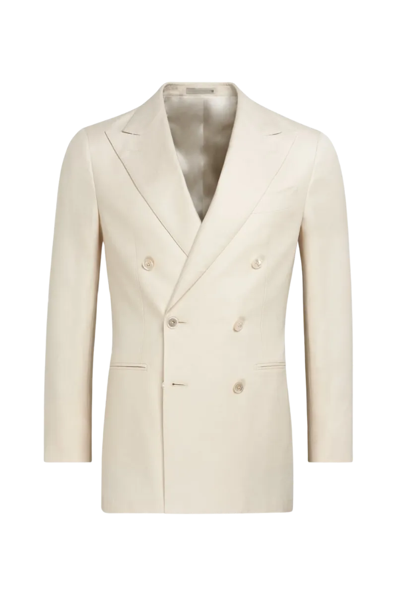 White Silk Cotton Peak Lapel Double Breasted Jacket